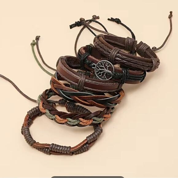 Set 6 Tree of Life Leather Braided Bracelets Unisex Adjustable Multilayer - Picture 2 of 5
